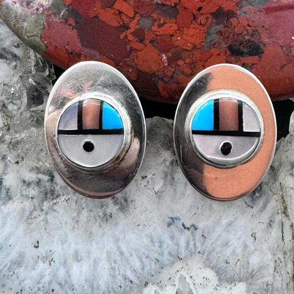 Starllie & Sheryl Edaakie Sterling Silver Multistone Inlay Sunface Stud Earrings - Picture 1 of 10